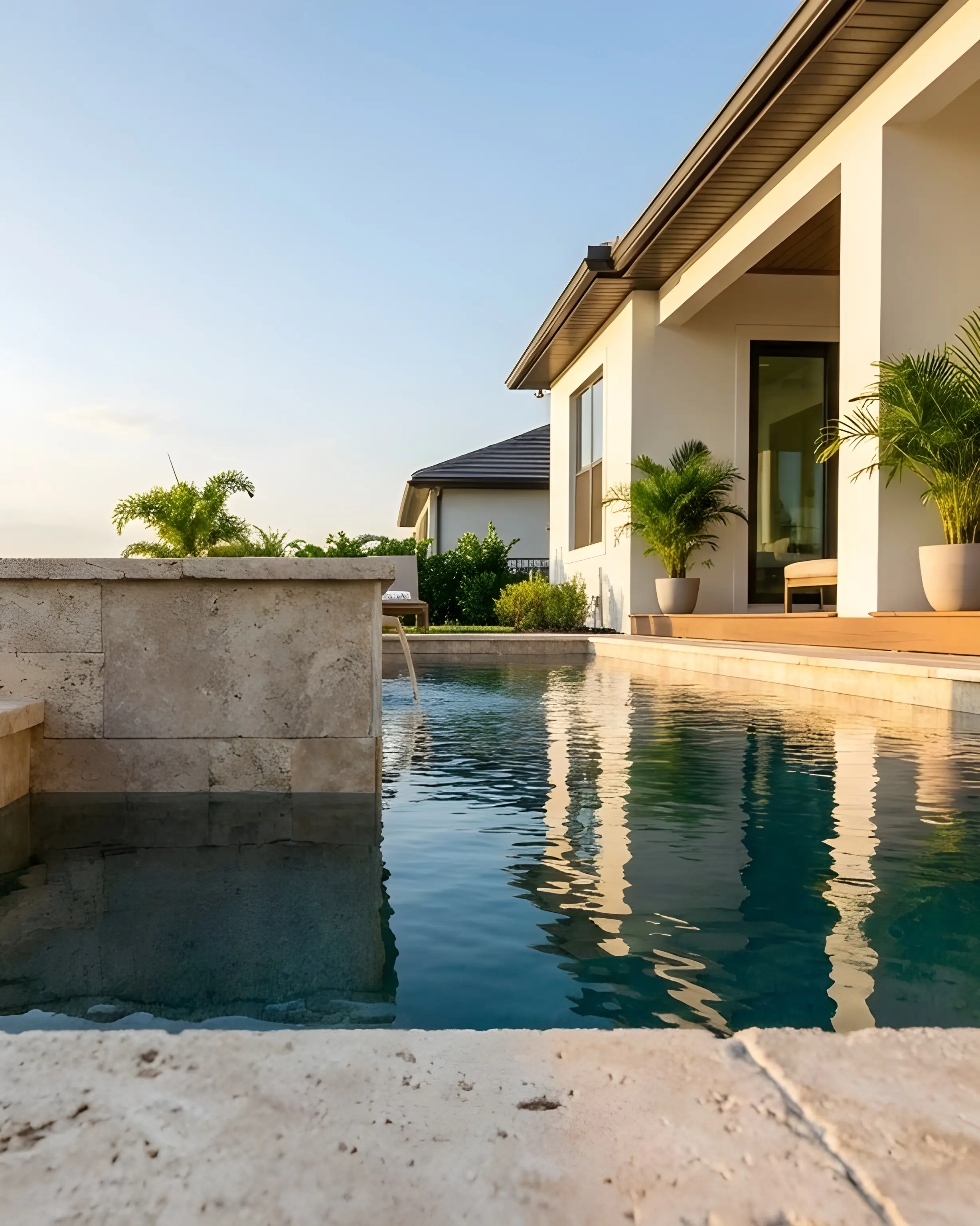 Residential pool design featuring modern swimming pool with elegant landscaping and architectural details