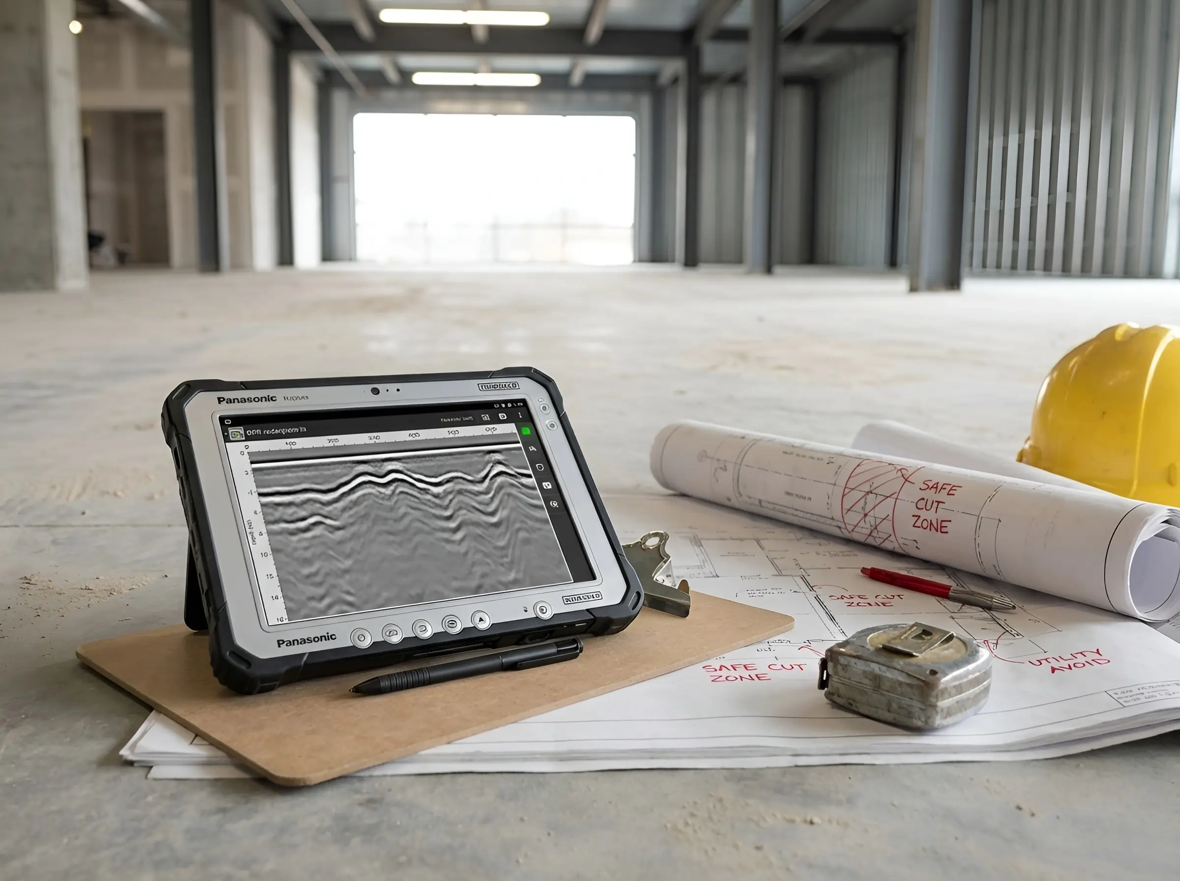 GPR subsurface mapping report showing 2D and 3D data visualization with marked utility locations and depth estimates for construction planning