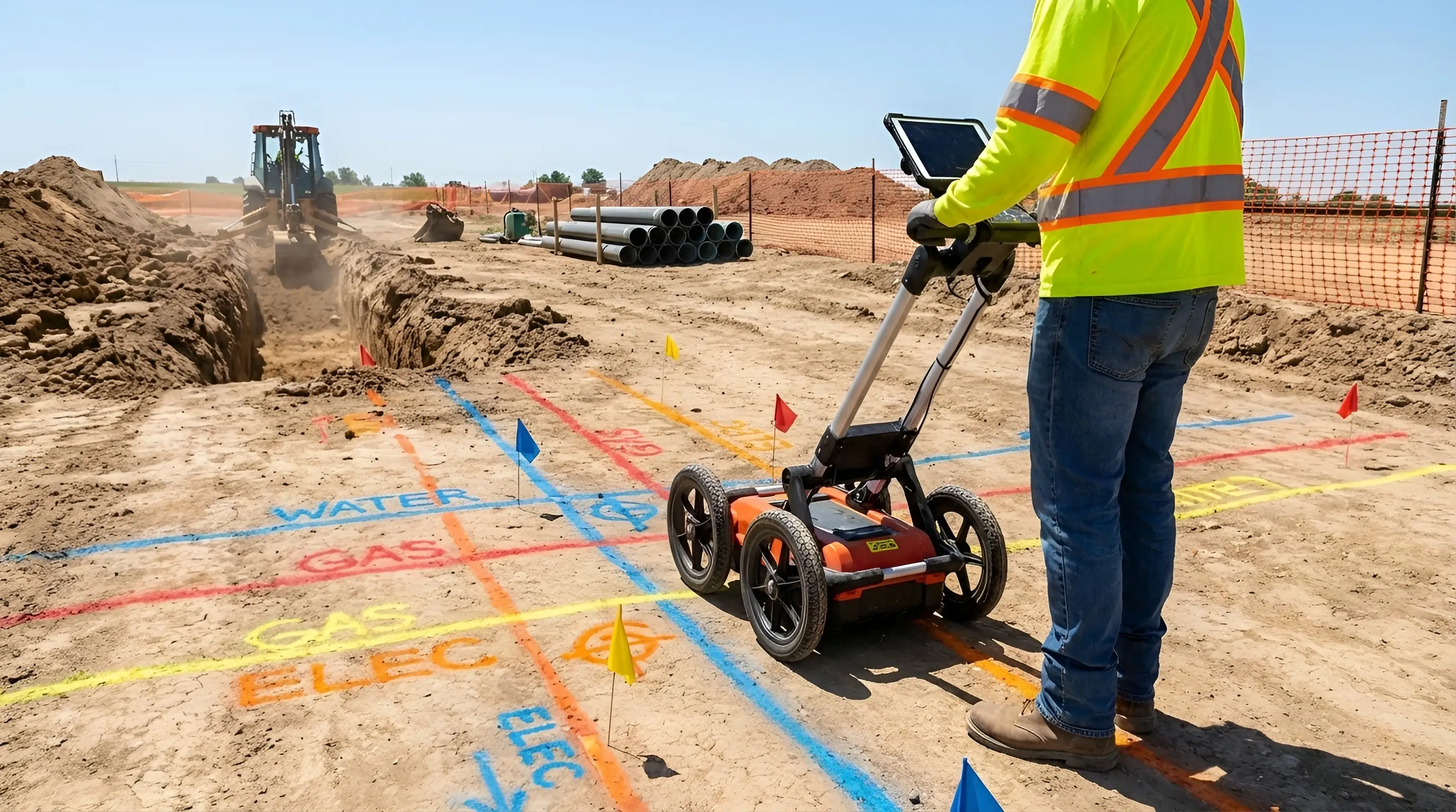 Underground utility locating using GPR and electromagnetic equipment to detect water lines, gas lines, and electrical conduits before excavation