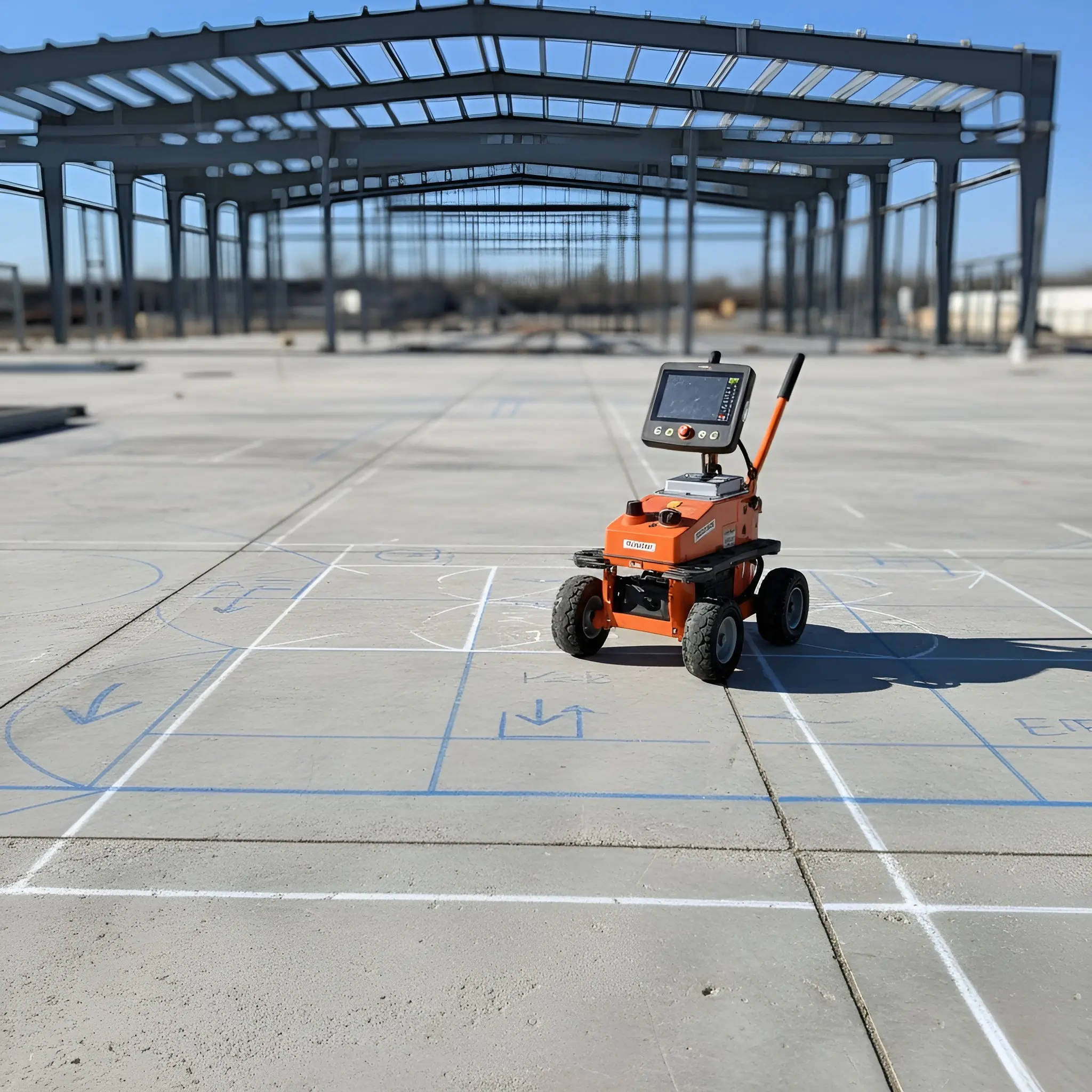GPR concrete scanning technician using ground penetrating radar equipment on concrete slab to detect rebar and post-tension cables