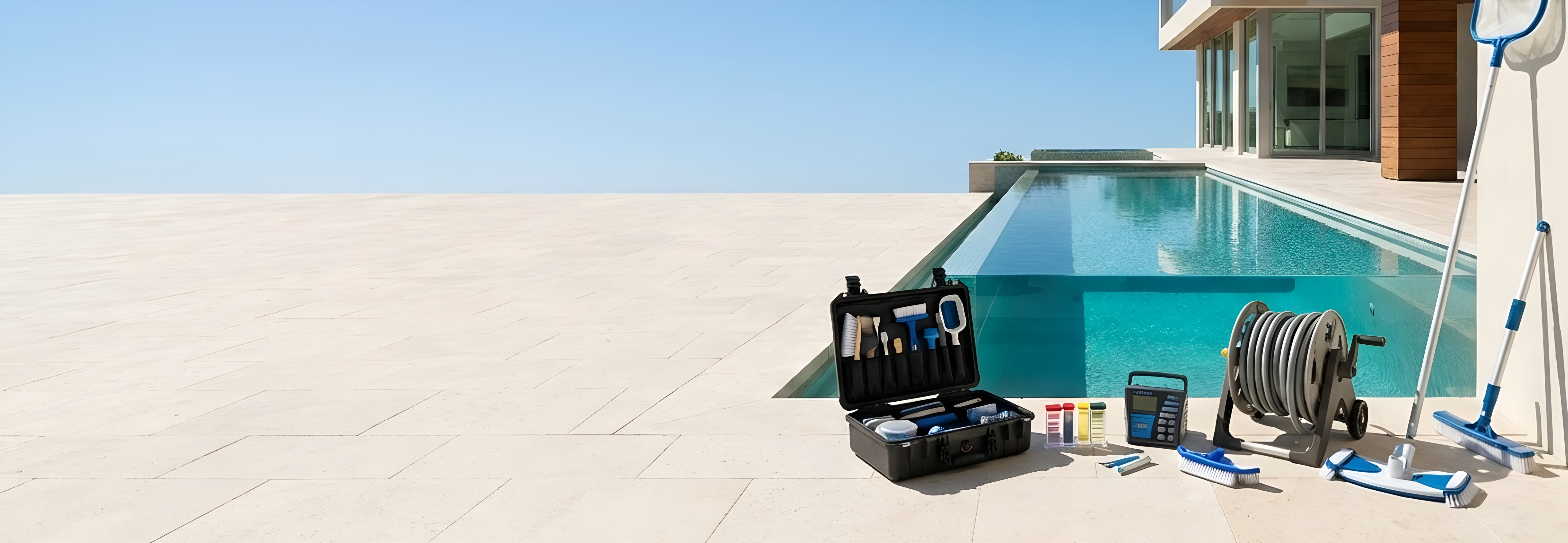 Aquatic service and maintenance technician performing pool equipment inspection and water quality testing at commercial facility in Florida