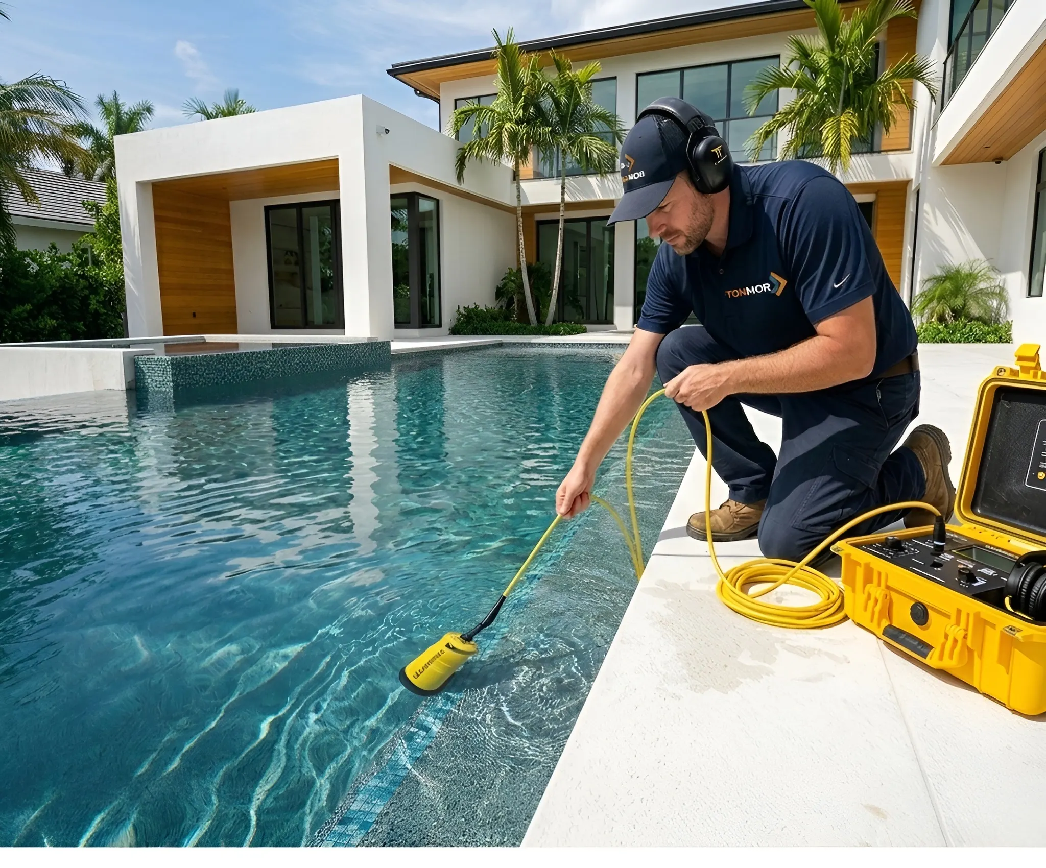 Pool leak detection technician using electronic leak locating equipment and dye testing for commercial and residential pool systems in Florida