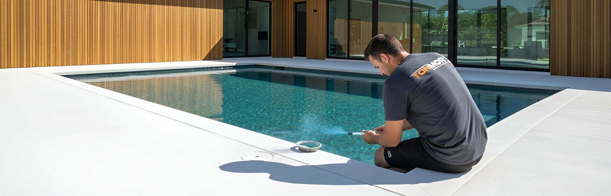 Pool leak detection dye testing being performed on pool skimmer and tile line to identify structural leaks and surface cracks