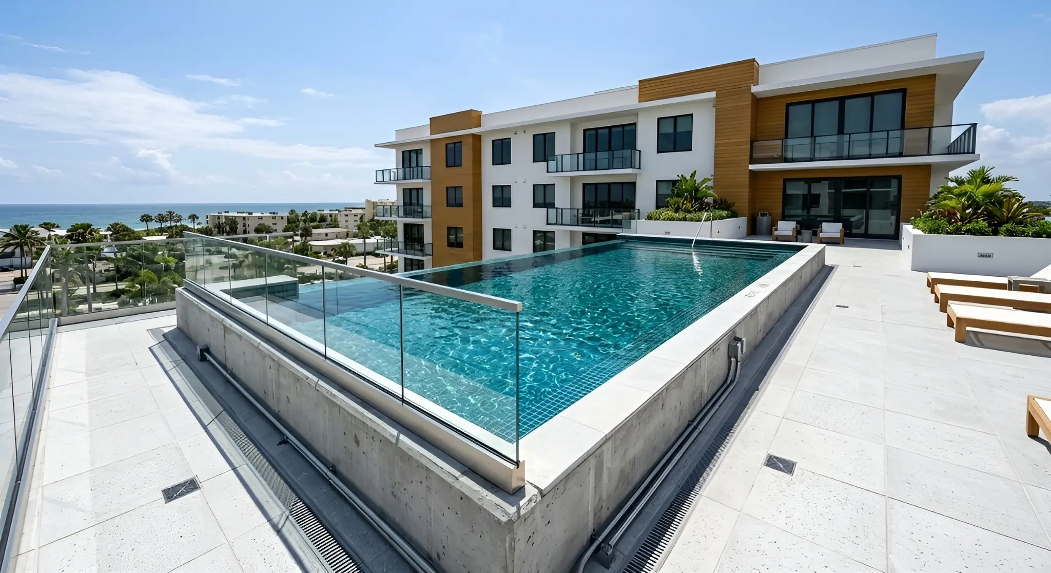 Suspended and elevated pool engineering showing rooftop pool structure with advanced waterproofing and structural coordination